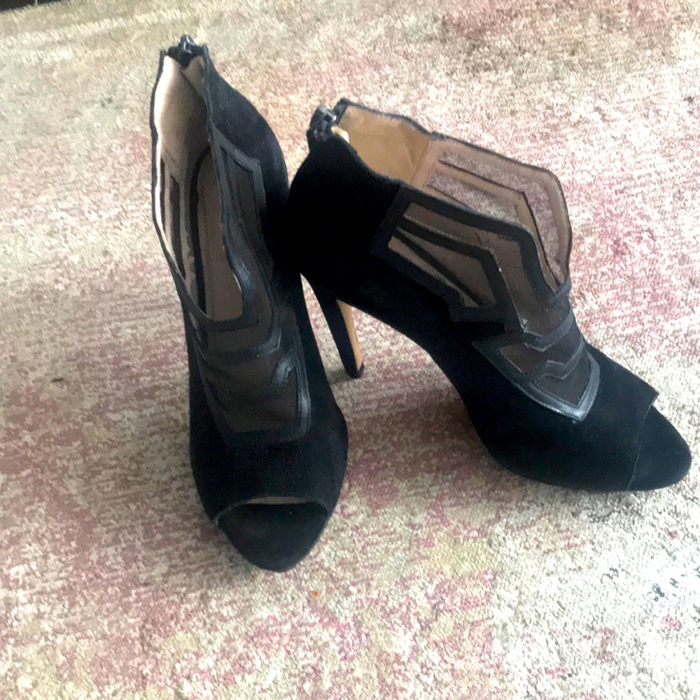 T Tahari black suede open toe booties
